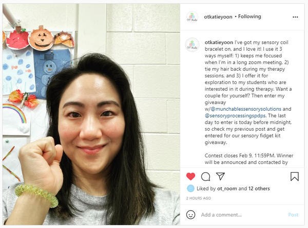 OTs like Katie Yoon recommend Munchables! Image shows Katie wearing her Stretchy Coil Bracelets