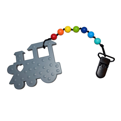 Munchables grey train hand held chew toy with chewable rainbow coloured beads on lanyard. Features a clip to attach to clothing.