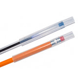 Munchables clear chewable pencil topper tubes shown on a standard sized pen and pencil.