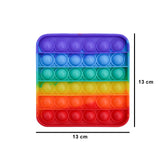 Square shaped rainbow coloured pop it fidget toy measures 13cm per side.