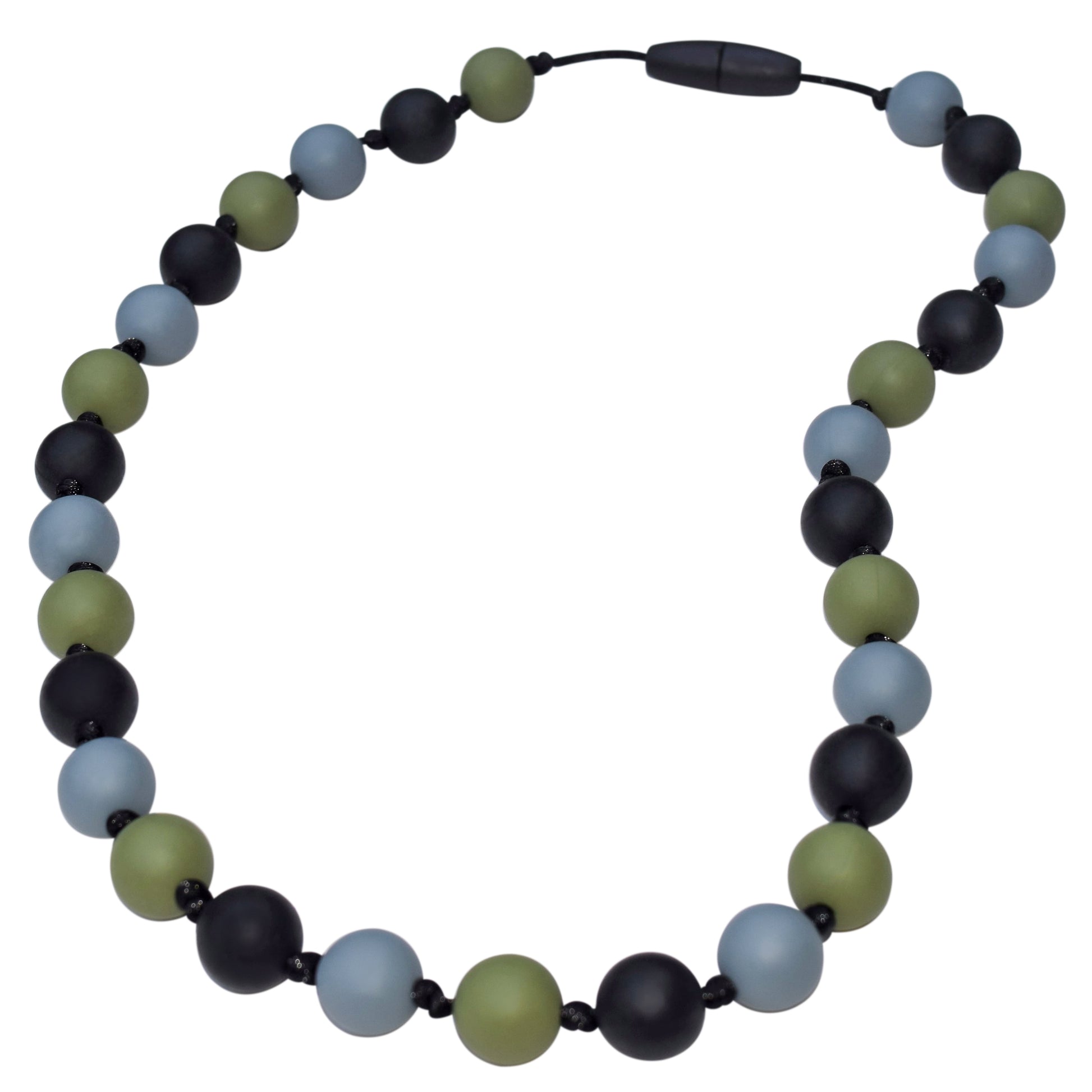 Munchables Camo Sensory Chew Necklaces feature smooth, round silicone beads in black, grey and green strung on a nylon cord with knots between each bead.