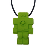 Munchables Robot Chew Necklace in green strung on a black cord.