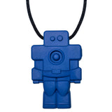 Munchables Robot Chew Necklace in navy blue strung on a black cord.