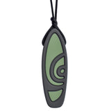Munchables Surfboard Chewelry Necklace in black and green strung on a black cord.