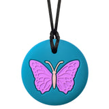 Munchables Round Teal Chew Necklace with purple butterfly design.