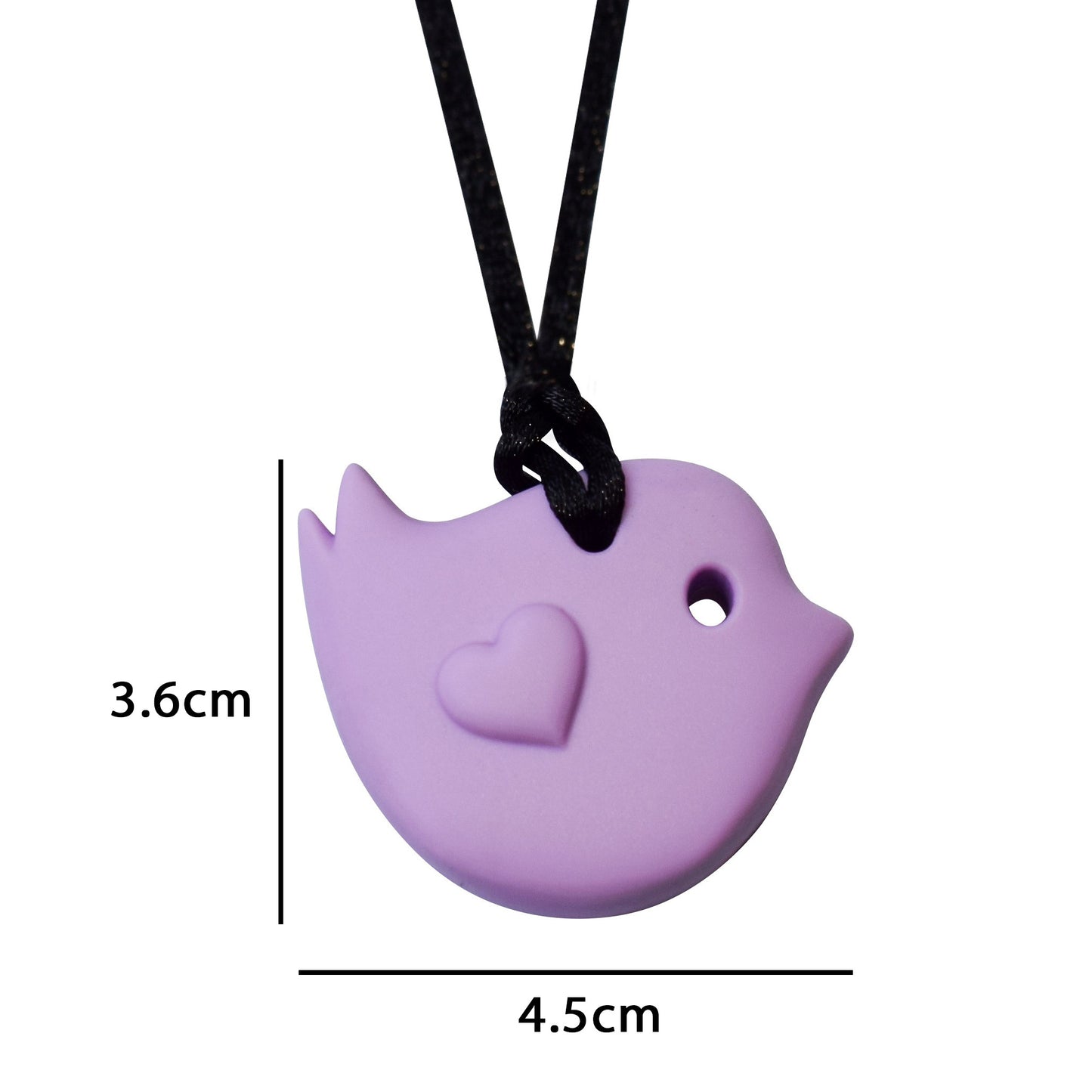 Munchables Purple Bird Chewelry measures 4.5cm wide by 3.6cm high.