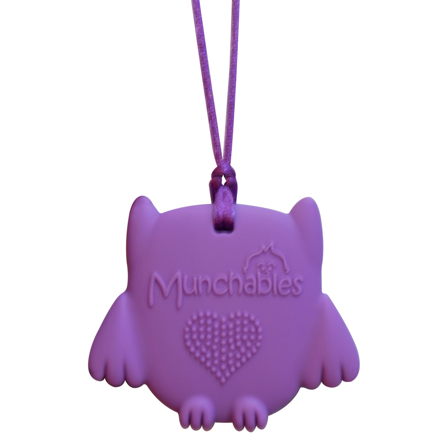 Munchables Baby Owl Sensory Chew Necklace reverse side showing textured nubs for additional sensory interest. Purple.