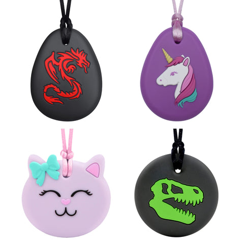 Sensory Chew Necklace Pendants for Kids. Stylish Dragon, Dino Skull, Unicorn and Cupcake designs shown.