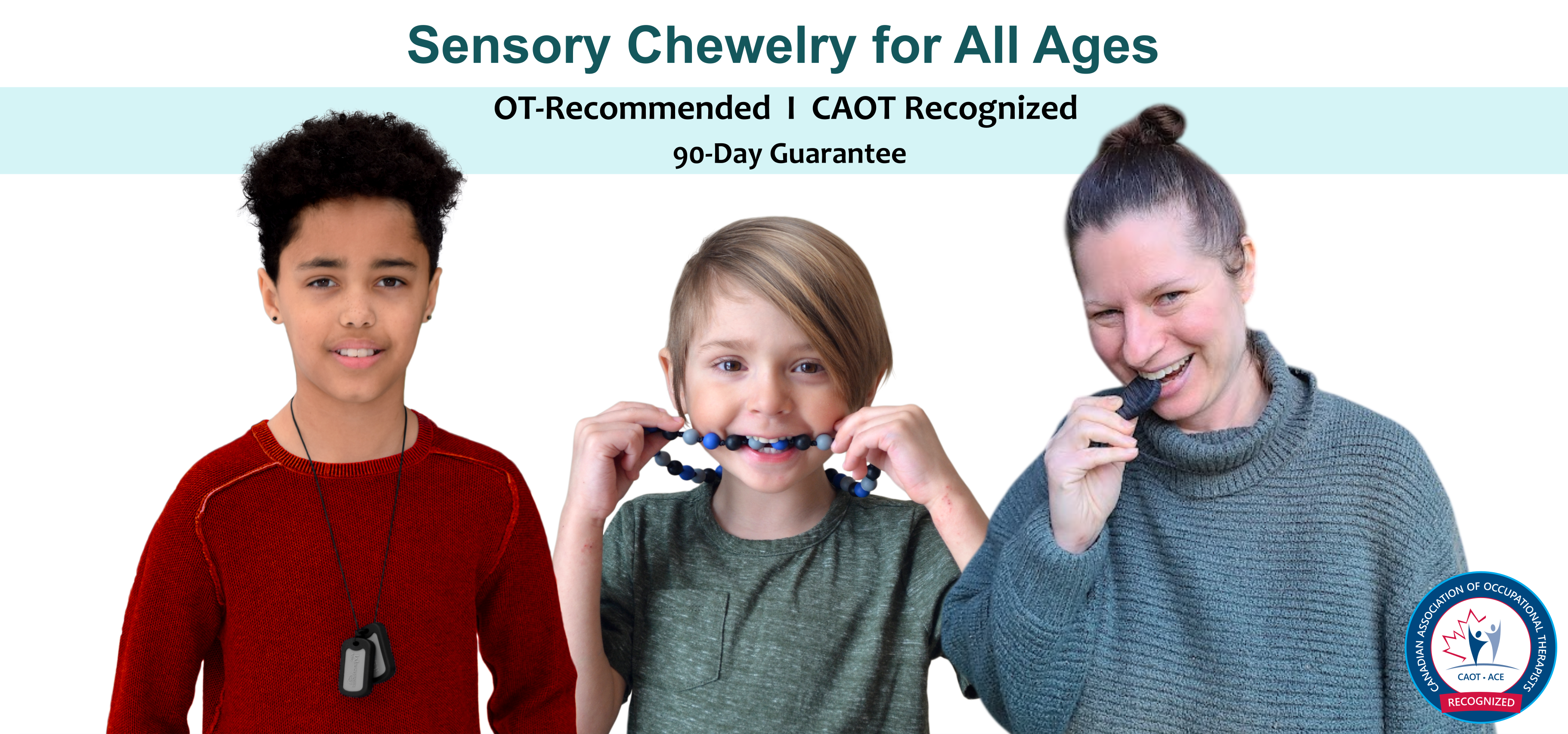 Child, teen, and adult wearing Munchables sensory chewelry necklaces for safe chewing and sensory support.