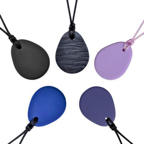 Munchables Chewelry Necklaces Tear Drop Shape Design. 5 plain colours in Black, Black with Grey Lines, Light Purple, Dark Purple and Dark Blue.