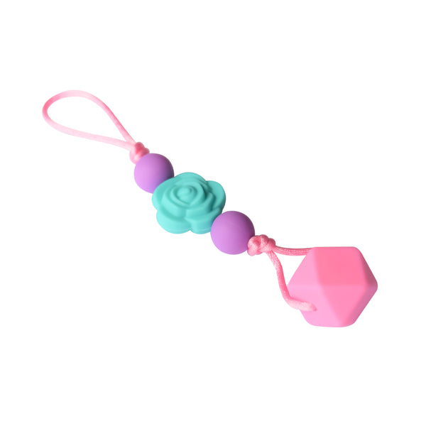 Munchables Chewable Zipper Pull with aqua flower, large pink square bead and 2 small purple beads.