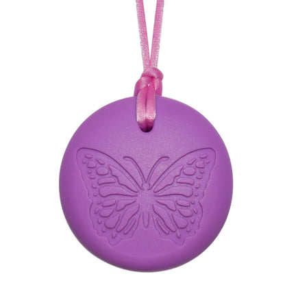Chewerly round purple pendant with an inset butterfly