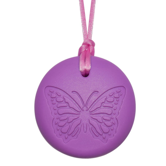 Chewerly round purple pendant with an inset butterfly