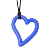 Munchables Heart Chew Necklace in blue strung on black cord.