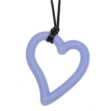 Munchables Heart Chew Necklace in light blue strung on black cord.