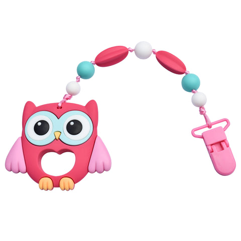 Munchables pink owl hand held chew toy with chewable coloured silicone beads on lanyard. Features a clip to attach to clothing.