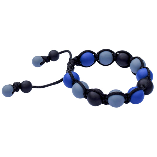 Munchables Adjustable Chew Bracelet features black, navy and gray silicone beads strung on a black nylon cord.