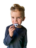 Boy chews on Munchables Soccer Ball Sports Chewelry