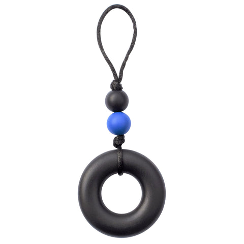 This Munchables Chewy Zipper Pull features a large black  donut bead and 2 smaller beads strung on a grey cord.