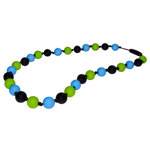 This Munchables Beaded Chew Necklace features black, green and blue round beads strung on a black nylon cord with knots in between each bead.