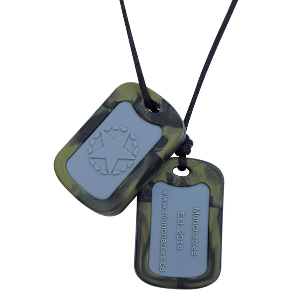 Munchables Chewable Military Dog Tags feature an inset gray area and a camo green border.
