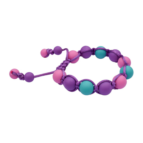 Girls Chew Bracelet in pink, aqua and purple.