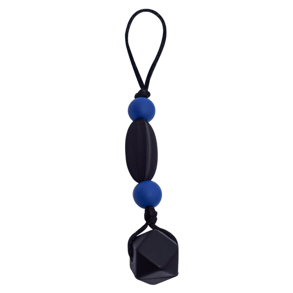 Munchables Chewable Zipper Pull in Black and Navy Blue.