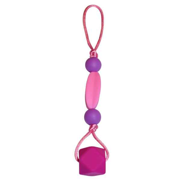 Munchables Chewable Zipper Pull in Purple and Pink.