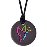 Munchables Girls Black Circular Chew Necklace with multicolor butterfly.