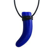 Munchables Dino Tooth Chew Necklace in Blue with Black Cord Wrapped Around Top