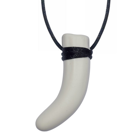 Munchables Dino Tooth Chew Necklace in Bone with Black Cord Wrapped Around Top