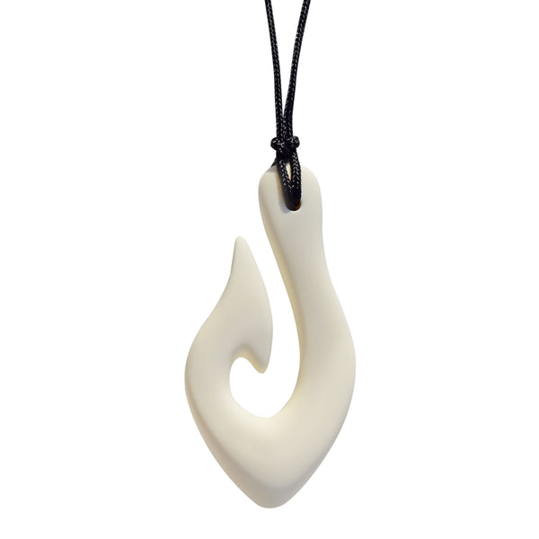 Munchables Bone Coloured Fish Hook Chew Necklace on Black Cord.