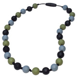Munchables Camo Sensory Chew Necklaces feature smooth, round silicone beads in black, grey and green strung on a nylon cord with knots between each bead.  