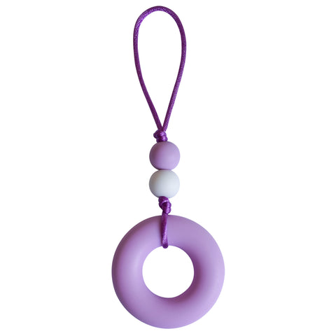 This Munchables Chewy Zipper Pull features a large purple donut bead and 2 smaller beads strung on a grey cord.