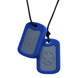 Munchables Chewable Military Dog Tags feature an inset gray area and a navy blue border. Ideal for young adults.