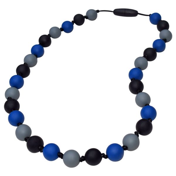 Munchables beaded chew necklace with breakaway clasp. Beads in Navy, Black and Grey repeating with knots between each bead.