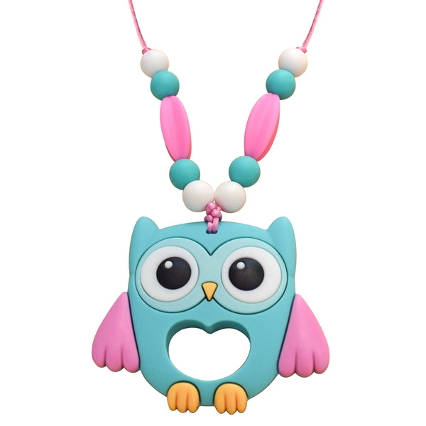 Munchables Large Aqua Owl Chew Necklaces features 5 chewy beads on each arm of the necklace for a variety of textured tactile surfaces.