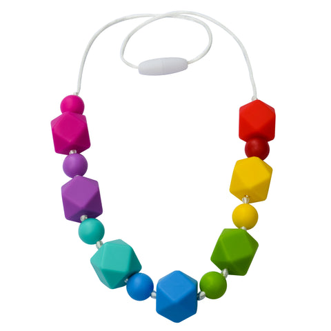 Munchables Rainbow Geo Chew Necklaces features 7 colours of beads strung on a white cord with knots between silicone beads.