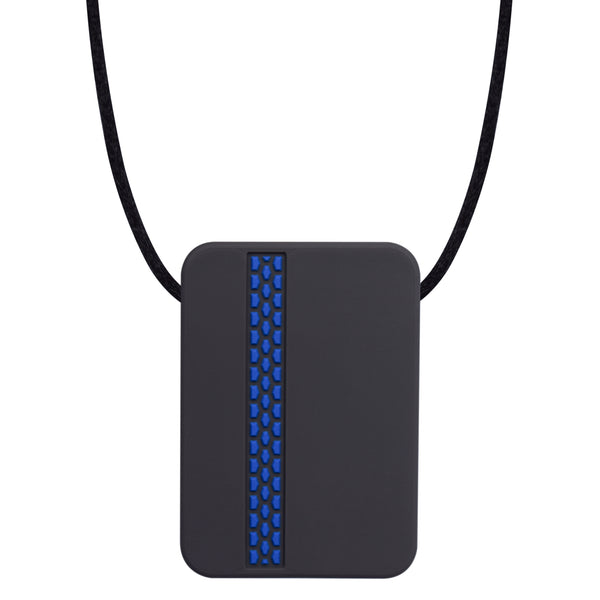 The Munchables Rectangle Adult Chew Necklace is a discreet black rectangle with slightly rounded edges and a coloured tire track design on the front side. It is strung on a black cord.