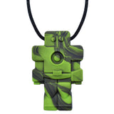 Munchables Robot Chew Necklace in green camo strung on a black cord.
