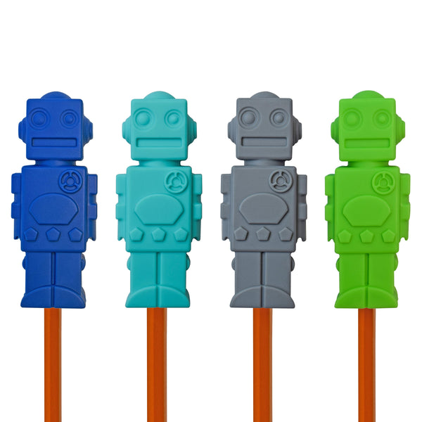 Munchables Robot Chewable Pencil Toppers in a set of 4 in navy, aqua, gray and green.