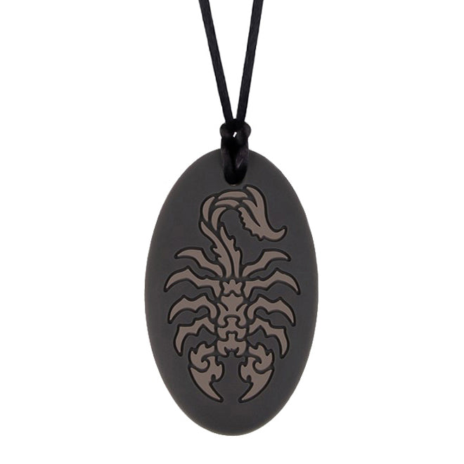 Munchables black oval shaped chew necklace with gray scorpion design.