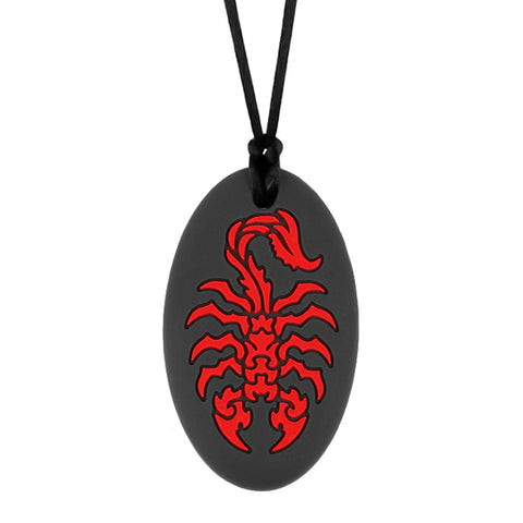 Munchables black oval shaped chew necklace with red scorpion design.