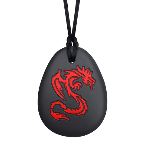 Munchables Dragon Chewelry Necklace with black silicone pendant and red design.