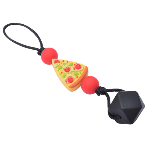 Chewable Zipper pull with a special silicone bead in the shape of a pizza.