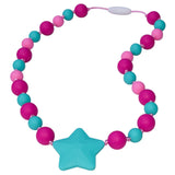 Munchables Starlight Chew Necklaces feature fuchsia, aqua and pink beads in two sizes and a large aqua star.