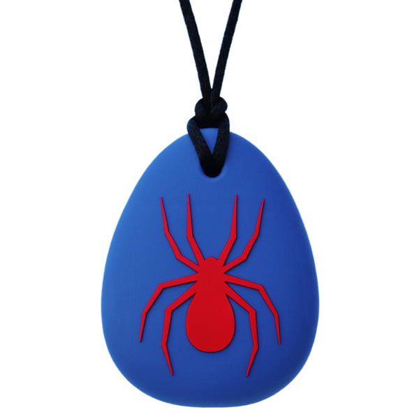 Munchables Spider Chew Necklace with Red Spider and Navy Blue Background.