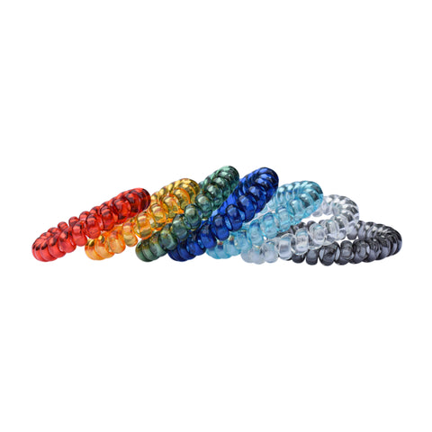 Munchables Stretchy Coil Bracelet Wristbands in red, orange,green, navy blue, blue, clear and black.