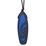 Munchables Surfboard Chewelry Necklace in black and blue strung on a black cord.