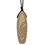 Munchables Surfboard Chewelry Necklace in two shades of brown strung on a black cord.